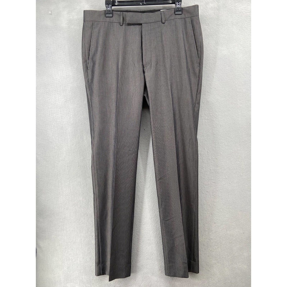 Kenneth Cole Reaction Pants Mens 35Wx32L Brown Pin Striped Flat Front Dress